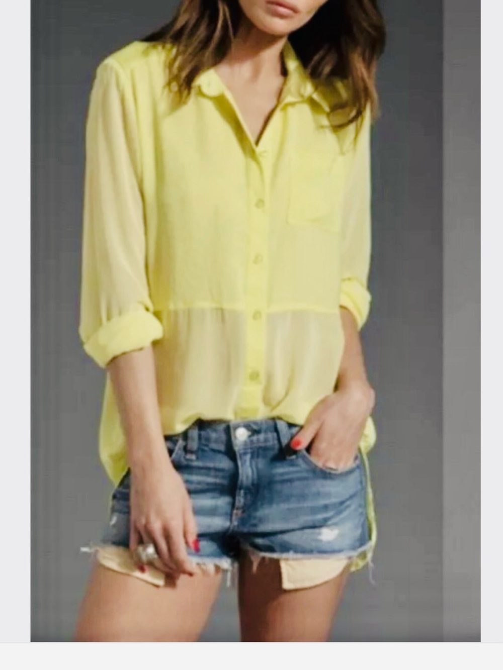 Free People Women’s Yellow Best of Both Worlds Long Sleeve  Sheer Blouse. Size L